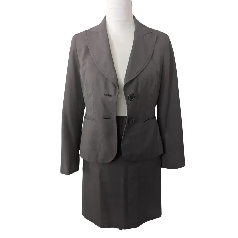 ANN TAYLOR PETITES! LUXE PINPOINT GRAY W/A SHEEN, 2 PC SKIRT & JACKET SUIT! 2P